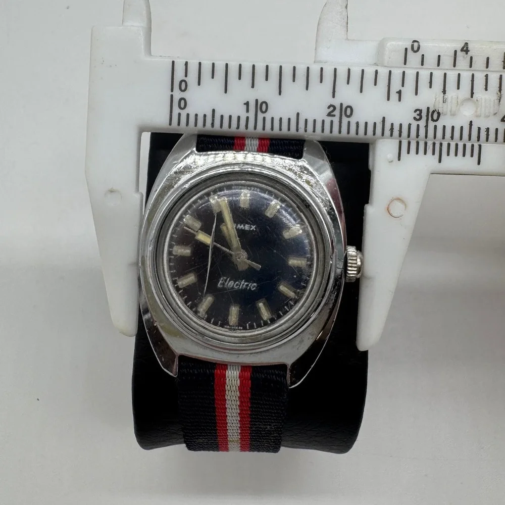 Vintage Timex Electric Watch Black Dial Silver Case Striped Nylon Strap Untested
